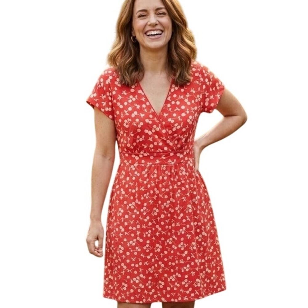 Boden Phoebe Dress Womens Size 8 Long Orange Cherry Print Cotton Pinup Tall 85